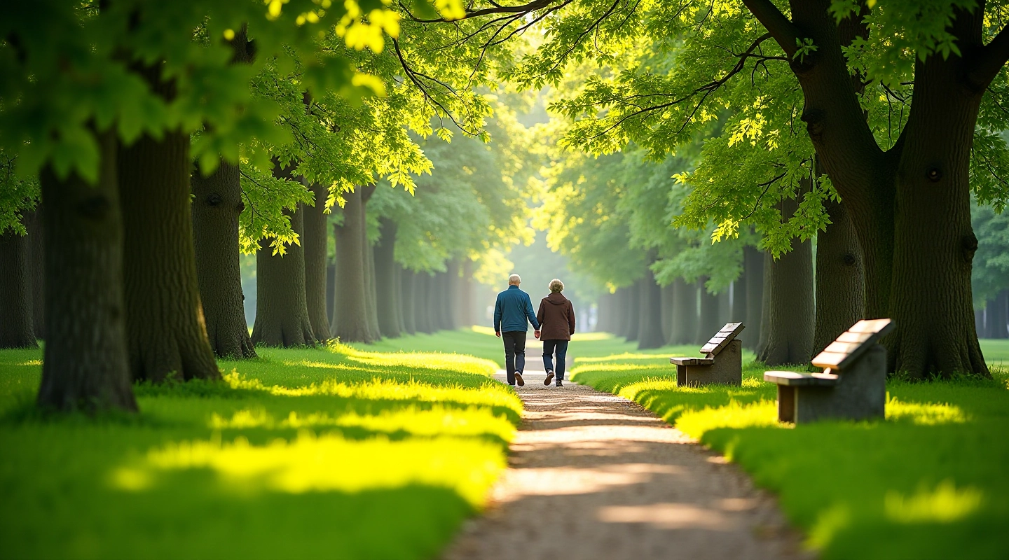 Gražūs žalieji medžiai ir žolė Kairėnų arboretume, ramūs takeliai su suoliukais